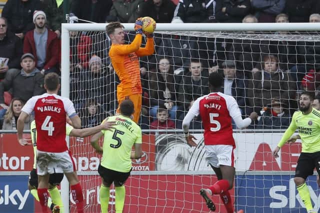Sheffield United goalkeeper Dean Henderson collects a cross at the New York Stadium. Picture: Simon Bellis/Sportimage