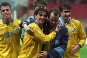 Gary Speed celebrates winning the title with teammates in 1992. PIC: YPN