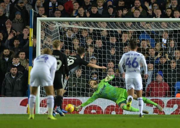 HERO: Leeds goalkeeper Bailey Peacock-Farrell saves Marc McNulty's penalty.  Picture: Bruce Rollinson