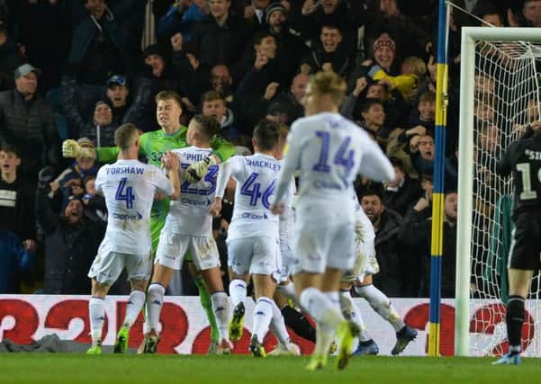 HERO: Bailey Peacock-Farrell saves Marc McNulty's penalty at Elland Road.  Picture: Bruce Rollinson