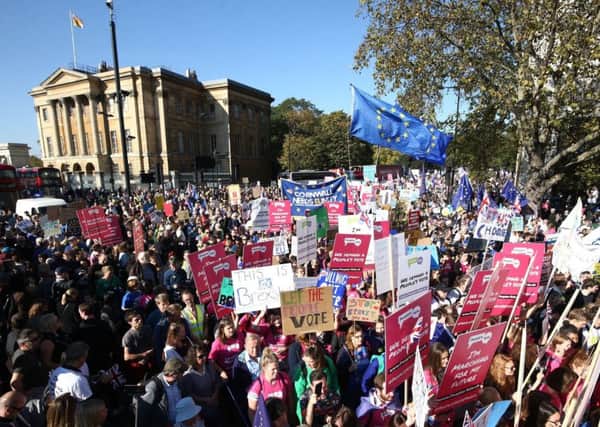 Anti-Brexit campaigners take part in the People's Vote March for the Future in London, a march and rally in support of a second EU referendum in October.