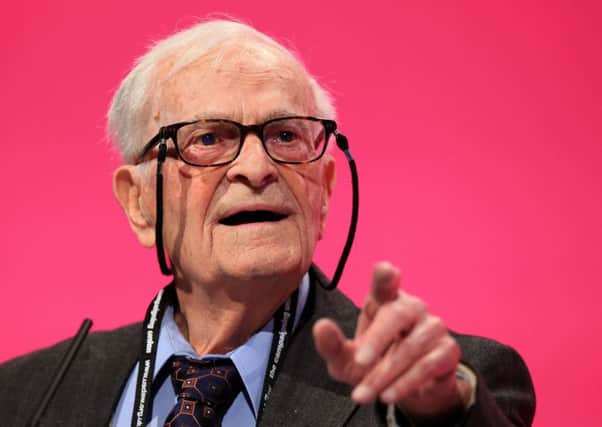 Inspiration: Harry Leslie Smith, seen here addressing the Labour Party Conference in 2014.  His speech, in which he talked about his poverty-stricken youth in Yorkshire, moved many people to tears.  (Picture: PA).