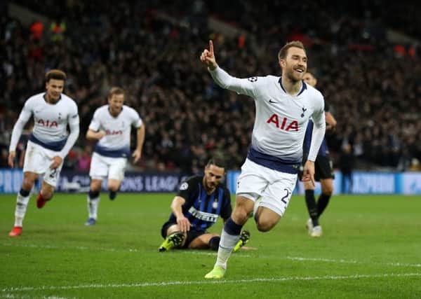 Tottenham Hotspur's Christian Eriksen celebrates scoring his side's winning goal against Inter Milan at Wembley. Picture: Nick Potts/PA