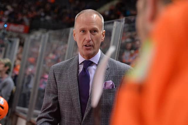 POSITIVE INFLUENCE: Sheffield Steelers' head coach Tom Barrasso gets his point across on the bench on Sunday night against Belfast. Picture: Dean Woolley.