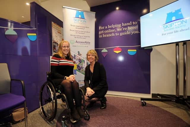 Hannah Cockroft pictured at Alison Davies Head of Digital at Skipton Building Society, Bond Street, Leeds, Promoting Disability acces on the UK high Street..3rd December 2018..Picture by Simon Hulme