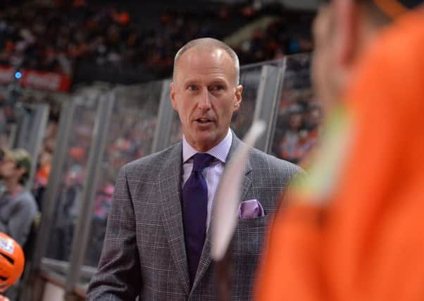 Sheffield Steelers' head coach, Tom Barrasso, on the bench during Sunday night's game against Belfast. Picture: Dean Woolley.