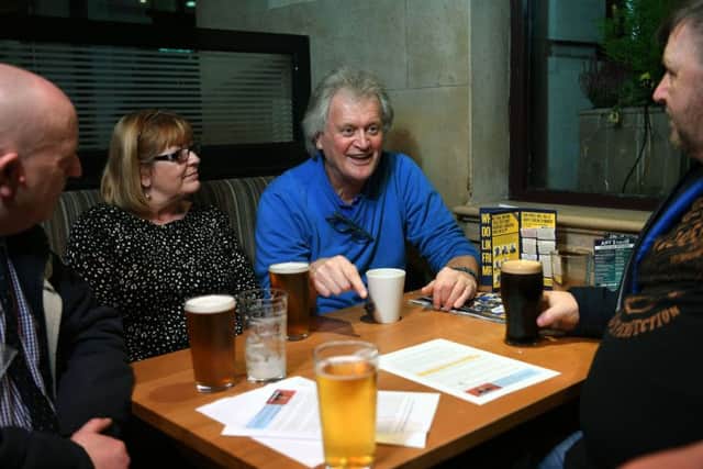Wetherspoon founder and chairman Tim Martin visits his Beckett's Bank pub in Leeds city centre, to sell Hard Brexit to customers. Picture Jonathan Gawthorpe 5th December 2018.