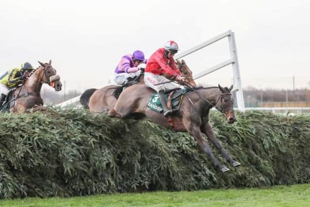 The winner Blaklion leads the eventual third Highland Lodge (pink and purple silks) over the final fence in the 2017 Becher Chase.