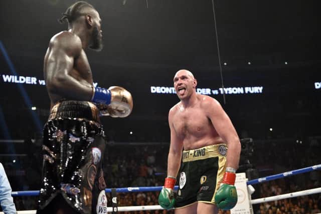 Tyson Fury taunts Deontay Wilder during their recent world heavyweight title bout at the Staples Center in Los Angeles. Picture: Lionel Hahn/PA
