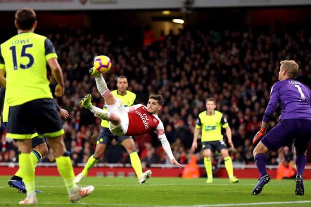 Winner: Arsenal's Lucas Torreira scores his side's goal against Huddersfield.