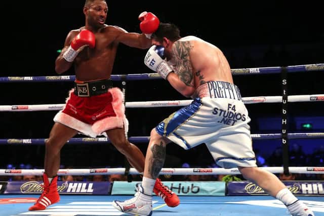 Kell Brook (left) and Michael Zerafa in action during the Final Eliminator WBA Super-Welterweight Championship at the FlyDSA Arena. Picture: Nick Potts/PA Wire.