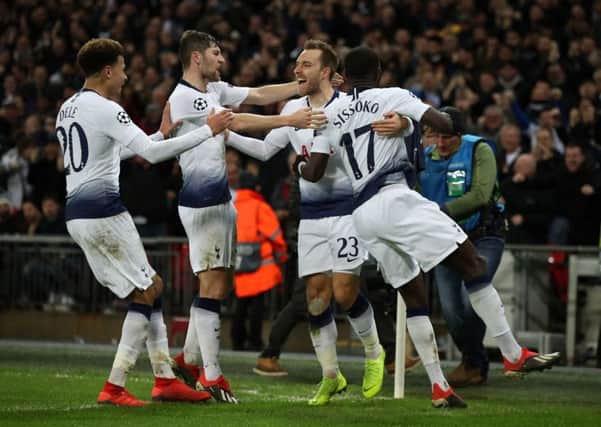 Tottenham Hotspur's Christian Eriksen celebrates scoring his side's winning goal in their Group B clash against Inter Milan at Wembley. Picture: Nick Potts/PA.