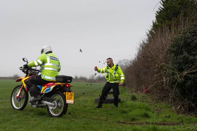 North Yorkshire Police demonstrate how the new DNA spray can be used to 'tag' bikers. Photo: James Hardisty