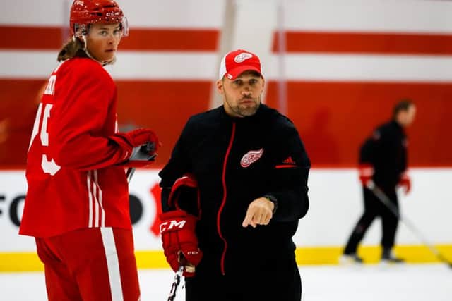 Ben Simon, right, during a Detroit Red Wings training camp. Picture courtesy of Grand Rapids Griffins.