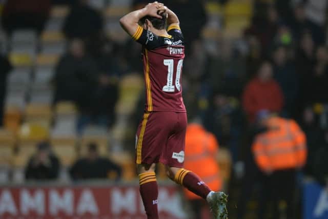 Jack Payne reacts after missing his penalty. for Bradford City at Valley Parade. Picture: Bruce Rollinson