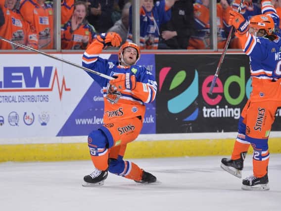 PERFECT TIMING: Rob Dowd celebrates his late equaliser against Guildford Flames. Picture: Dean Woolley.