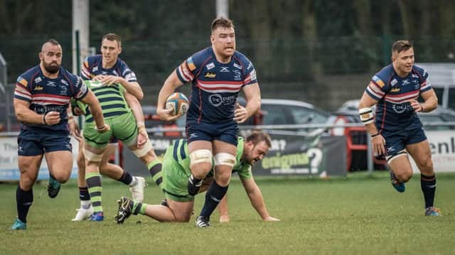 Taking the game to them: Doncaster Knights Ollie Stedman in action against former club Yorkshire Carnegie in the Championship Cup at Castle Park earlier this month. Picture: John Ashton