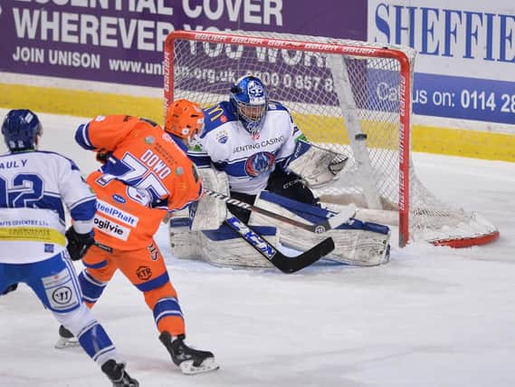 NO WAY THROUGH: Coventry goalie Miroslav Kopriva inflicted a first shutout of the season on Sheffield Steelers on Saturday night. Picture: Dean Woolley.