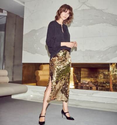 French Connection Emilia sequin midi skirt, Â£90; John Lewis & Partners Cashmere notch neck sweater in charcoal, Â£120.