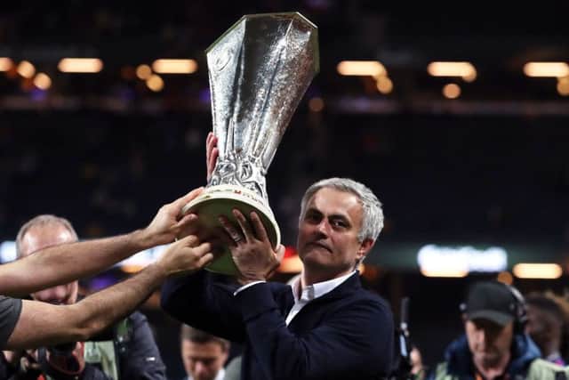 Manchester United manager Jose Mourinho hoists the Europa League trophy in 2017 at the end of his first season at the club (Picture: Nick Potts/PA Wire).