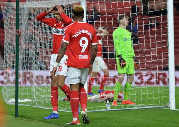 Ashley Fletcher puts his hands to his head after missing a chance in Middlesbroughs League Cup defeat to Burton Albion (Picture: Bruce Rollinson).