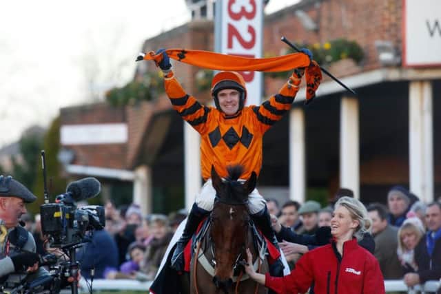 Tom Scudamore celebrates Thistlecrack's King George success. However his outlooked had changed when he lost the next race.