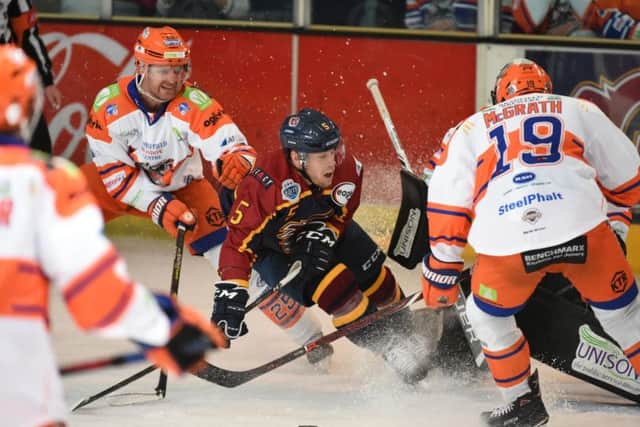 UNDER PRESSURE: Matt Climie's net is threatened by Guildford at The Spectrum on Wednesday night. Picture courtesy of John Uwins/EIHL.