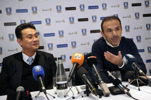 Sheffield Wednesday owner Dejphon Chansiri, left at Jos Luhukay's first press conference. Picture: Steve Ellis