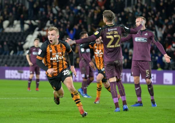 Jarrod Bowen turns to celebrate his second goal.   Picture Bruce Rollinson