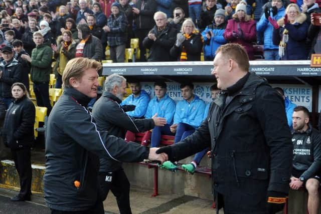 Back on Parade: 
City chief David Hopkin greets Scunthorpe counterpart and former Bantams manager Stuart McCall.