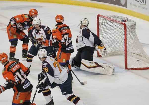 Josh Pitt scores the winning goal for Sheffield Steelers against Guildford Flames 
Picture: Hayley Roberts