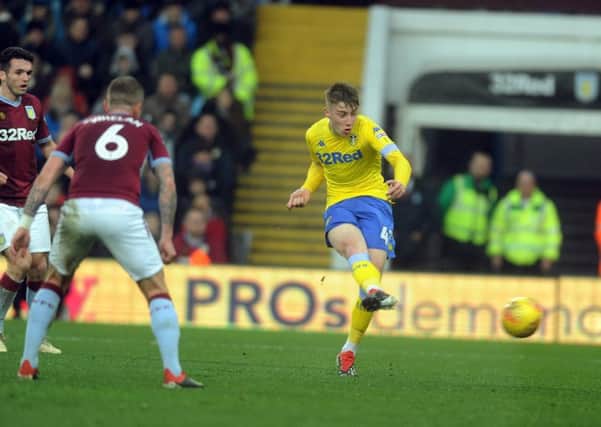 Jack Clarke scores his first goal for Leeds United in the win over Villa
