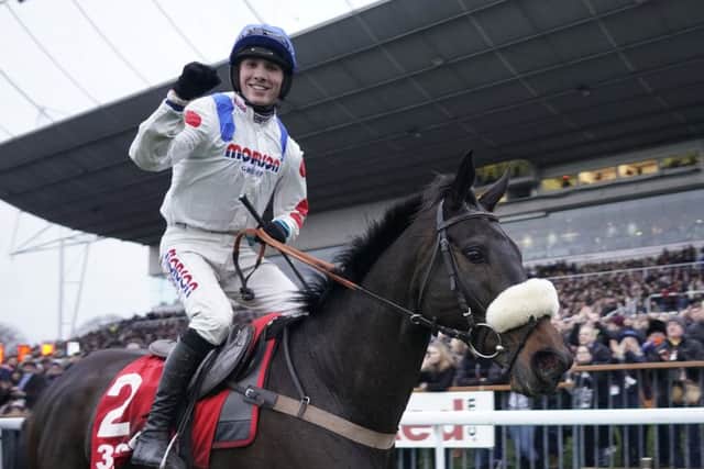 Harry Cobden celebrates after riding Clan des Obeaux to victory in the 32Red King George VI Chase at Kempton Park on December 26. (Picture: Alan Crowhurst/Getty Images)