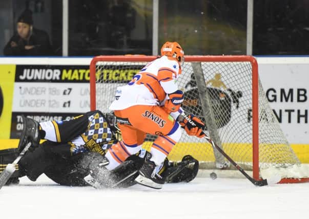 Antony DeLuca scores the winner for Sheffield Steelers in the shoot-out against Nottingham at the National Ice Centre. Picture: panthers Images/EIHL