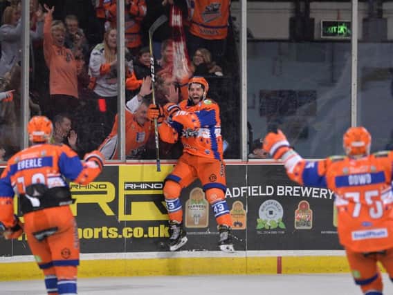 YOU BEAUTY: Josh McFadden celebrates his stunning game-winning goal for Sheffield Steelers against Nottingham Panthers on Thursday night at Sheffield Arena. Picture: Dean Woolley.