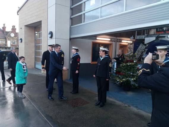 Defence Secretary Gavin Williamson meets Scarborough sea cadets at the Lifeboat House today.