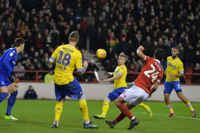Pontus Jansson heads to Ezgjan Alioski for Leeds United's second goal at the City Ground.  Picture: Bruce Rollinson
