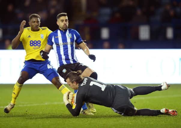 HERO: Birmingham City goalkeeper Lee Camp saves at the feet of Sheffield Wednesday's Marco Matias. Picture: Steve Ellis