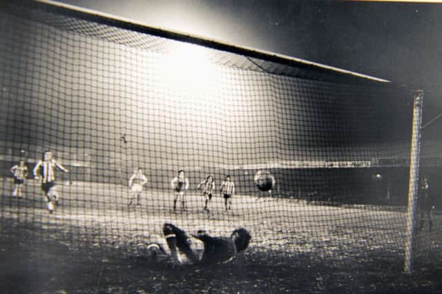 NEVER_ENDING: Brian Hornby scores from the penalty spot for the second equalising goal  in the first of the three replays played at Filbert Street, Leicester............Picture Steve Ellis