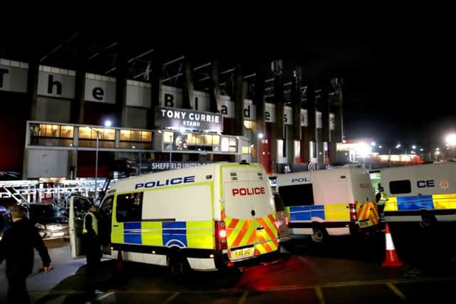 Police vans outside the ground before the Sky Bet Championship match at Bramall Lane, Sheffield. (Picture: PA)