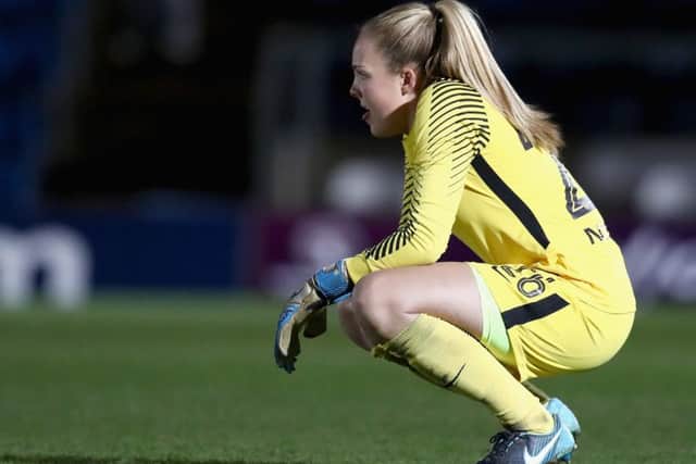 Ellie Roebuck of Manchester City looks on during the WSL Continental Cup Final between Arsenal Women and Manchester City Ladies at Adams Park on March 14, 2018 in High Wycombe. (Picture: Catherine Ivill/Getty Images)