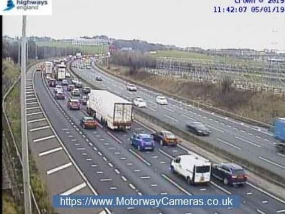Traffic queuing on the eastbound carriageway of the M62 following the accident earlier today