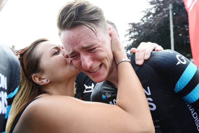 Connor Swift and mother Angie Swift after his victory in the British Road Race Championships last year (Picture: SWPix.com)
