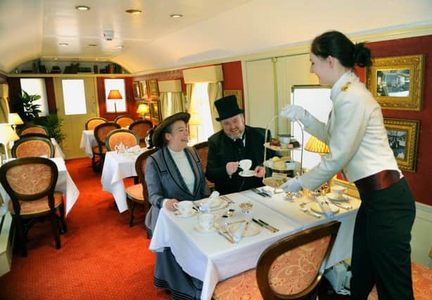Afternoon tea on the Countess of York 1956 luxury dining carraige at the National Railway Museum in York