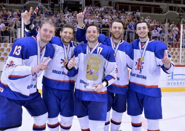 Sheffield Steelers' Davey Phillips, Jonathan Phillips, Robert Dowd and Ben O'Connor, celebrate last year's Division 1A gold medal triumph with former Steelers' forward, Liam Kirk. Picture: Dean Woolley.