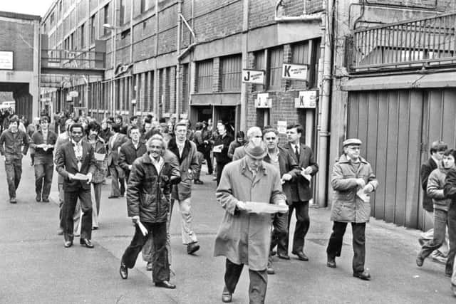 Hadfields workers leaving a redundancy meeting at Hillsborough, April 23, 1981.