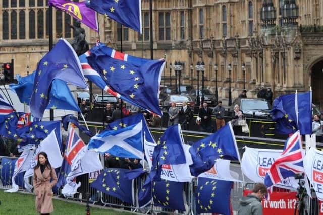 The scene outside the Palace of Westminster ahead of tonight's Brexit vote. Pic: PA