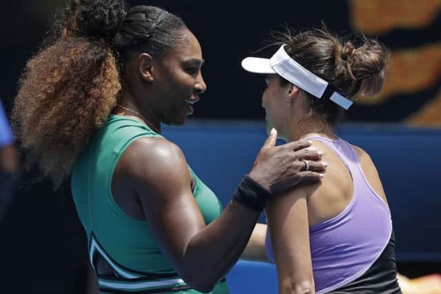 United States' Serena Williams, left, is congratulated by Germany's Tatjana Maria in Melbourne. AP/Kin Cheung