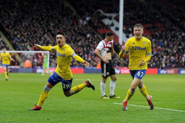 Leeds United's Pablo Hernandez celebrates his winning goal against Sheffield United.