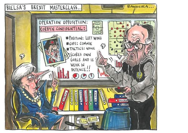 Leeds United manager Marcelo Bielsa was briefing reporters on footblal tactics, and his approach, while MPs were debating a no confidence motion in Theresa May. This illustration is by Graeme Bandeira, The Yorkshire Post's very own cartoonist.